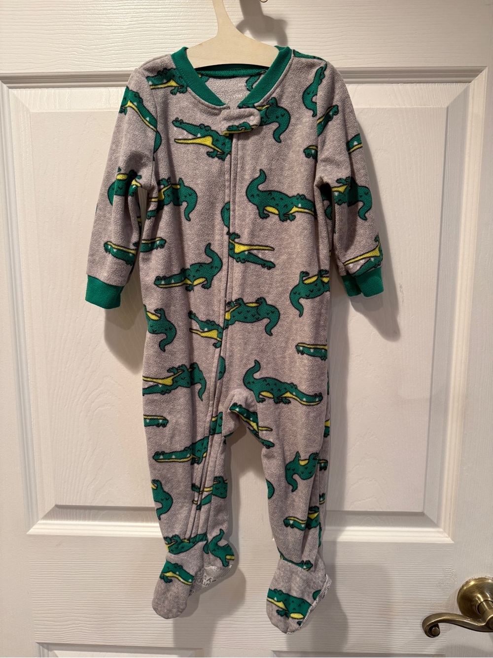Carters Gray Fleece Green Alligator Print One-Piece Footed Zip-Up Pajamas 12M